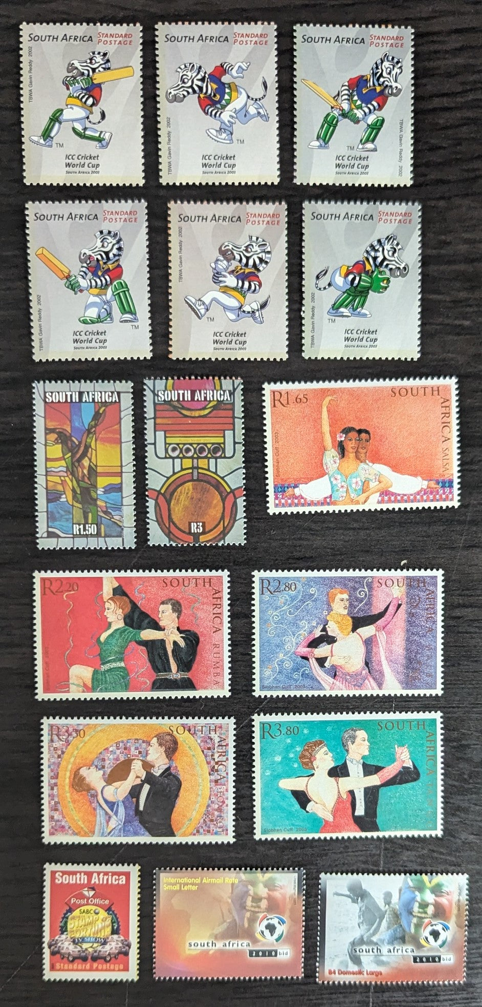 Lot 97 South Africa SC#1289/1326 2002-2003 ICC Cricket World Cup - Bid for Hosting 2010 World Cup Soccer Championships issues, 16 VFNH Singles, Click on Listing to See ALL Pictures, 2017 Scott Cat. $12.15