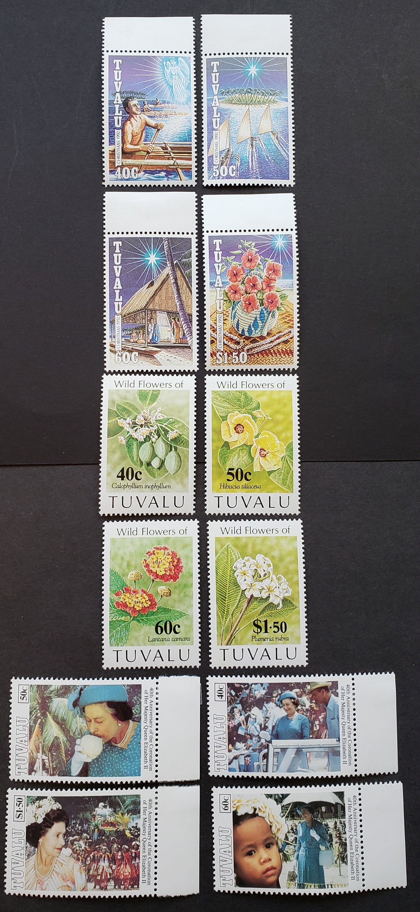 Lot 115 Tuvalu SC#621/645 1992-1993 Christmas / Coronation Of Queen Elizabeth II Issues, 12 VFOG Singles, Click on Listing to See ALL Pictures, 2017 Scott Cat. $16.95