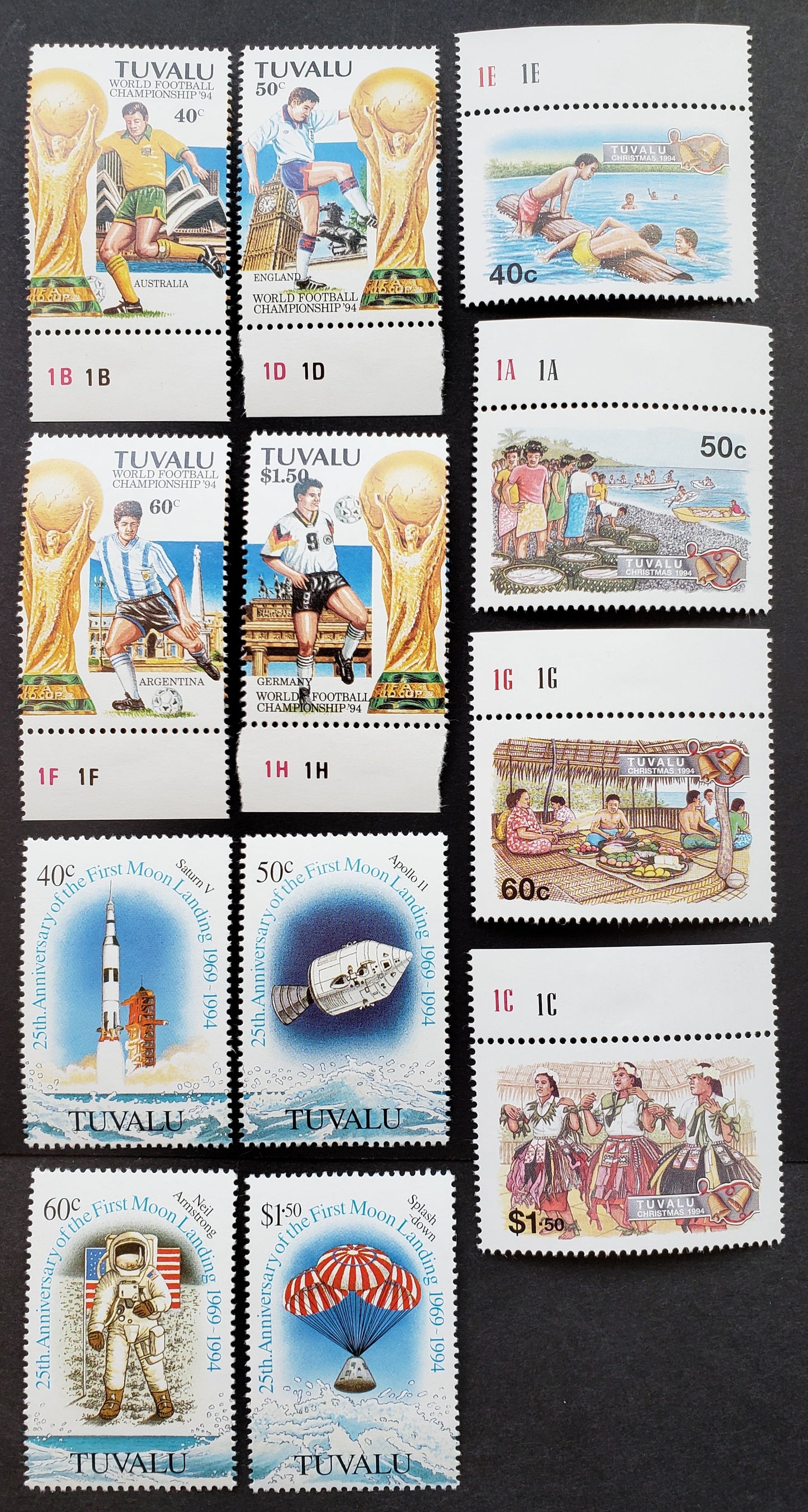 Lot 117 Tuvalu SC#666/684 1994 World Cup Soccer Championships / Christmas Issues, 12 VFNH Singles, Click on Listing to See ALL Pictures, 2017 Scott Cat. $16.5