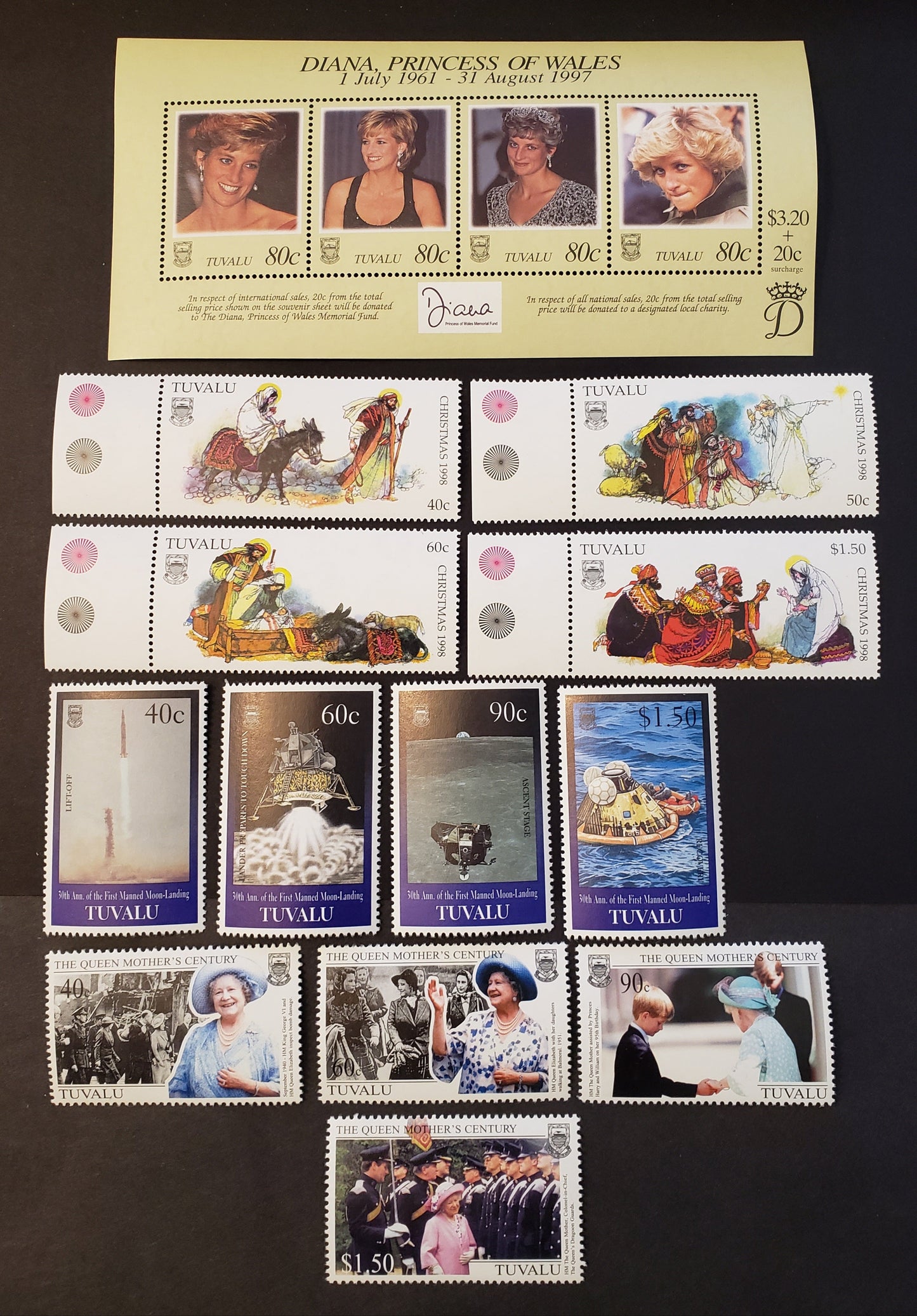 Lot 126 Tuvalu SC#762/808 1998-1999 Diana, Princess Of Wales / Queen Mother's Century Issues, 12 VFNH Singles And A Sheet Of 4, Click on Listing to See ALL Pictures, 2017 Scott Cat. $17.4