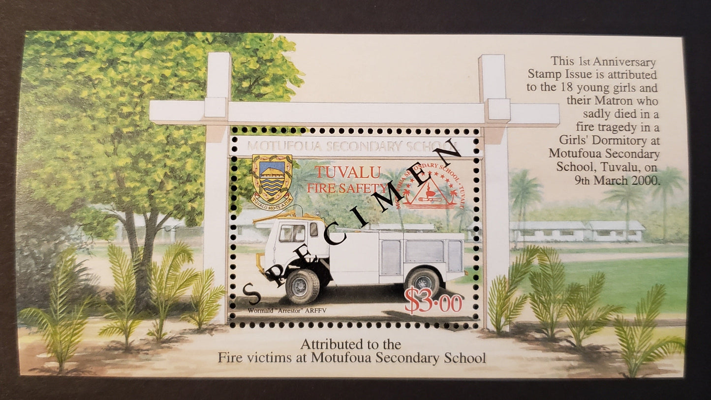 Lot 131 Tuvalu SC#854var 2001 Motofoua Secondary School Fire Issue, A VFNH Specimen Overprinted Souvenir Sheet, Click on Listing to See ALL Pictures, Estimated Value $13.75