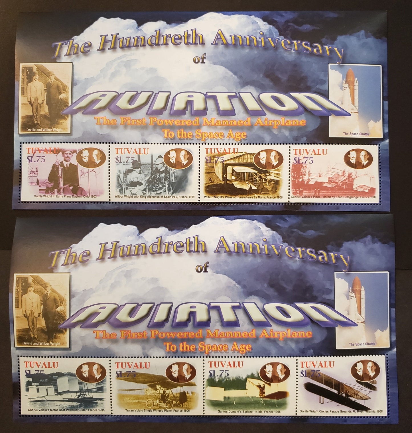 Lot 140 Tuvalu SC#909/910 2003 Powered Flight Cent. Issue, 2 VFNH Sheets Of 4, Click on Listing to See ALL Pictures, 2017 Scott Cat. $21