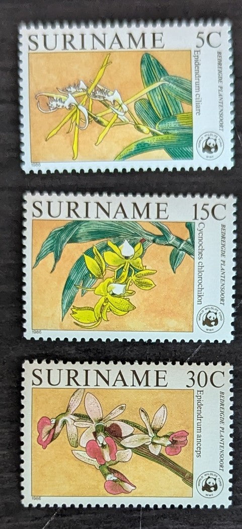 Lot 153 Surinam SC#743-745 1986 Orchids, WWF Funds Issue, 3 VFNH Singles, Click on Listing to See ALL Pictures, 2017 Scott Cat. $25.5