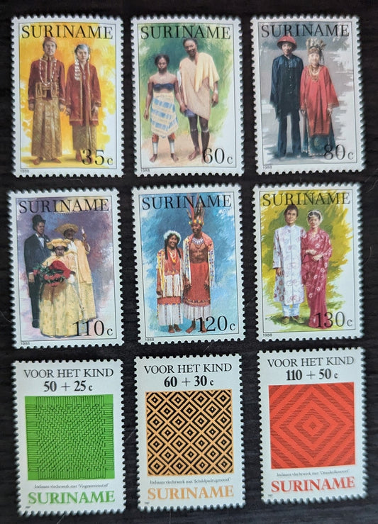 Lot 159 Surinam SC#801/B362 1987-1988 Traditional Wedding Costumes - Caribbean Manari Issues, 9 VFNH Singles, Click on Listing to See ALL Pictures, 2017 Scott Cat. $11.85