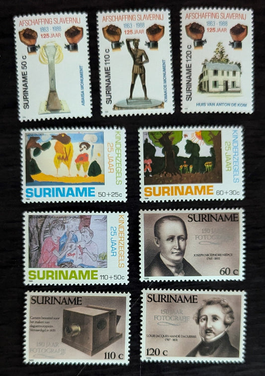 Lot 161 Surinam SC#816/B370 1988-1989 Abolition of Slavery, 125th Anniv - Children's Drawings Issues, 9 VFNH Singles, Click on Listing to See ALL Pictures, 2017 Scott Cat. $13.85