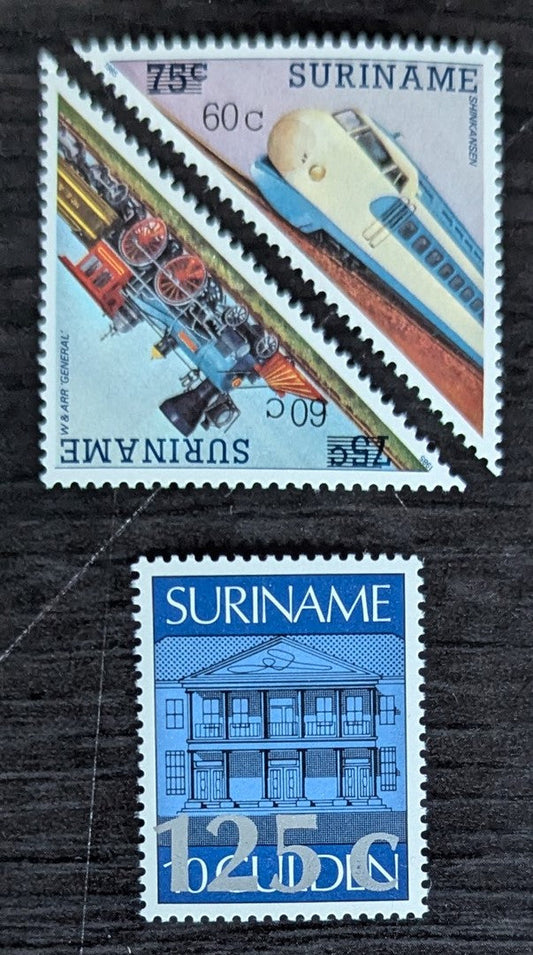 Lot 168 Surinam SC#808-810 1988 Central Bank & Trains Surcharged Issue, 3 VFNH Singles, Click on Listing to See ALL Pictures, 2017 Scott Cat. $23