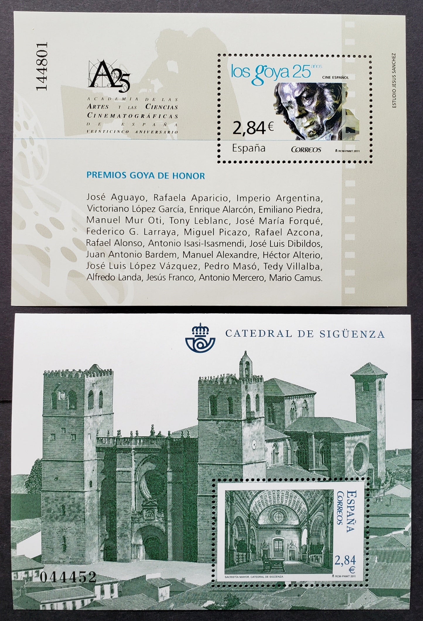 Lot 16 Spain SC#3790/3798 2011 Goya Award / Cathedral Issues, 2 VFNH Souvenir Sheets, Click on Listing to See ALL Pictures, 2017 Scott Cat. $16.5