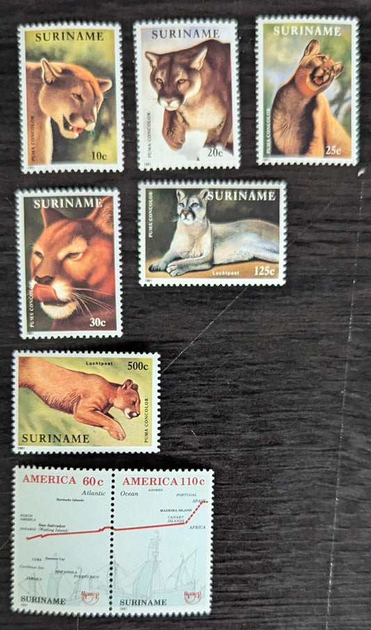 Lot 172 Surinam SC#892-899a 1991 Pumas - Discovery Of America, 500th Anniv Issues, 7 VFNH Singles & Pair, Click on Listing to See ALL Pictures, 2017 Scott Cat. $21.05