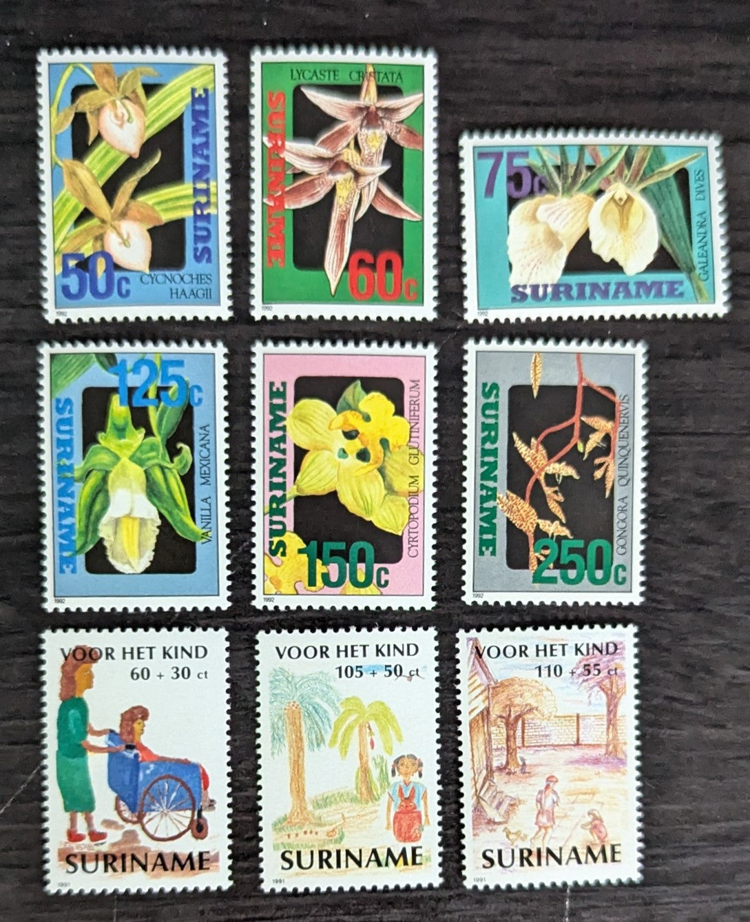 Lot 173 Surinam SC#912/B388 1991-1992 Children's Drawings - Orchids Issues, 9 VFNH Singles, Click on Listing to See ALL Pictures, 2017 Scott Cat. $17