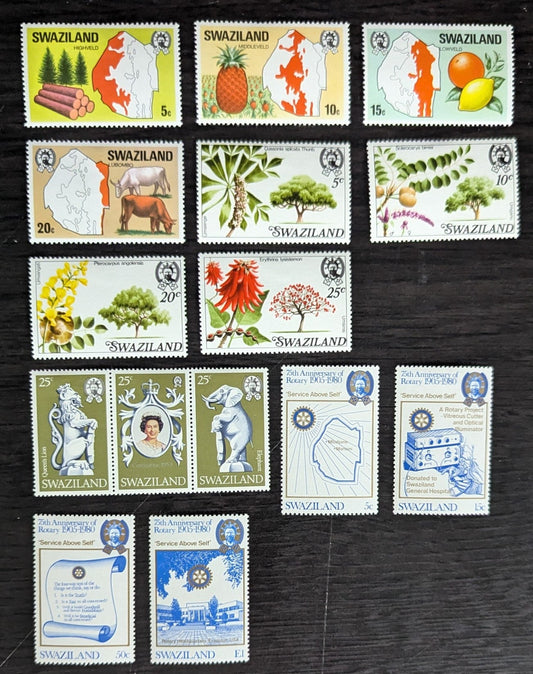 Lot 196 Swaziland SC#289/345 1977-1980 Evergreens, Timber, Map of Highveld - Rotary International, 75th Anniv Issues, 13 VFOG Singles & Strip of 3, Click on Listing to See ALL Pictures, 2017 Scott Cat. $8.85