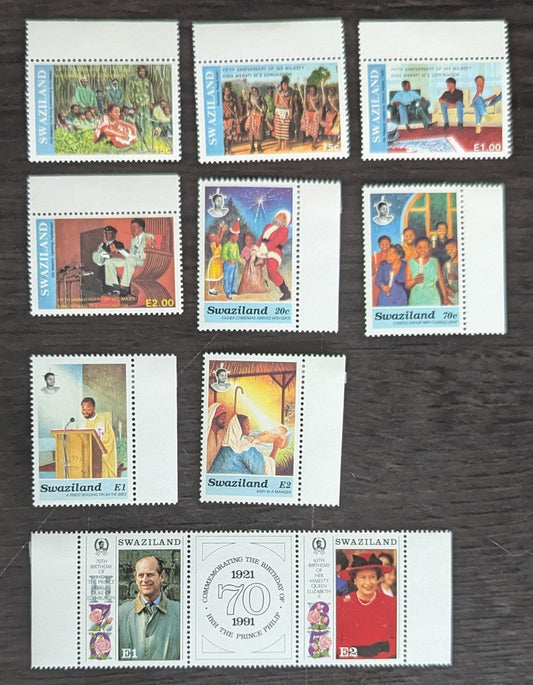 Lot 209 Swaziland SC#582/595 1991 Coronation of King Mswati III, 5th Anniv - Christmas Issues, 9 VFNH Singles & Pair+Label, Click on Listing to See ALL Pictures, 2017 Scott Cat. $14.35