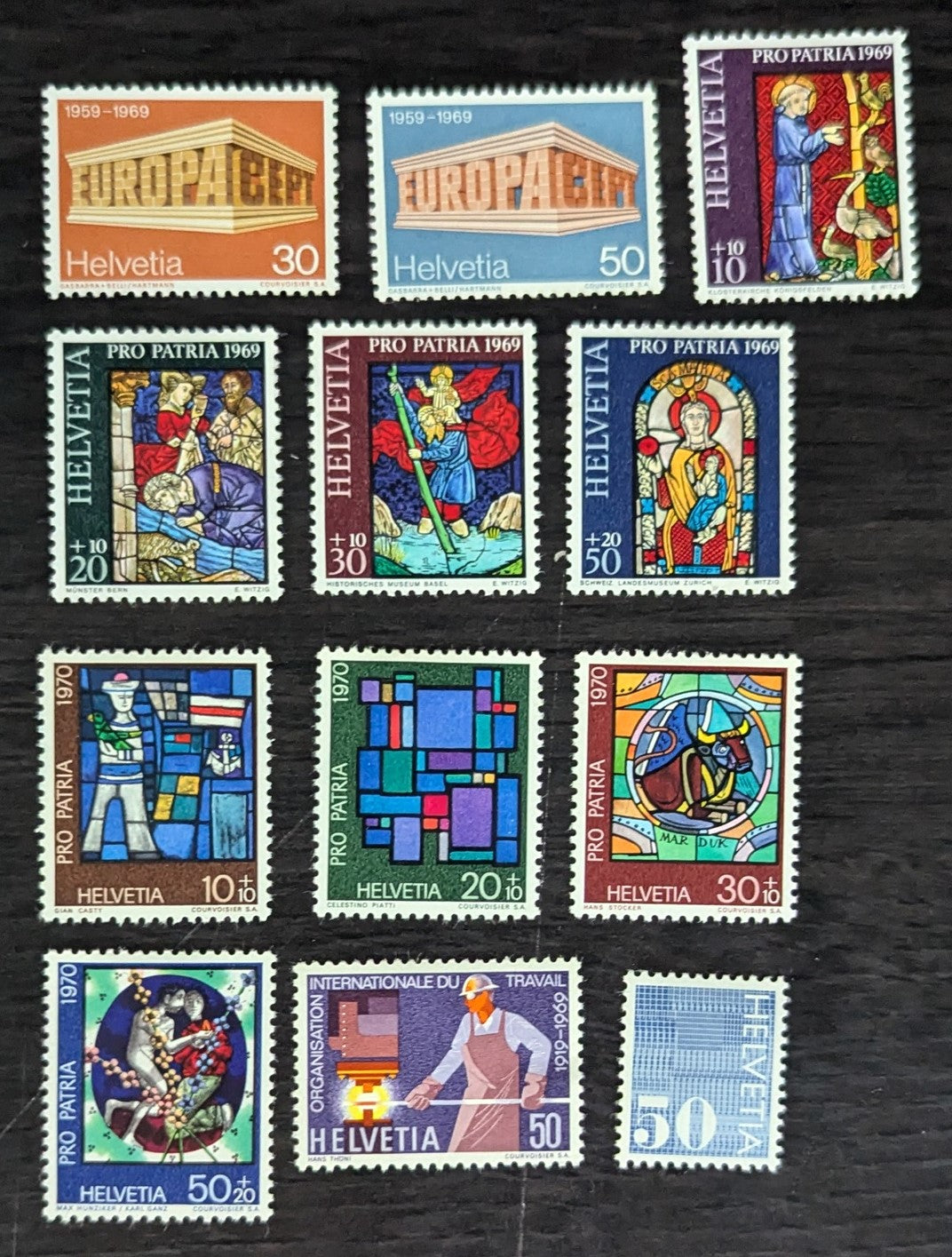 Lot 230 Switzerland SC#500/B393 1969-1970 Europa - Contemporary Stained Glass Windows Issues, 12 VFOG Singles, Click on Listing to See ALL Pictures, 2017 Scott Cat. $9.25