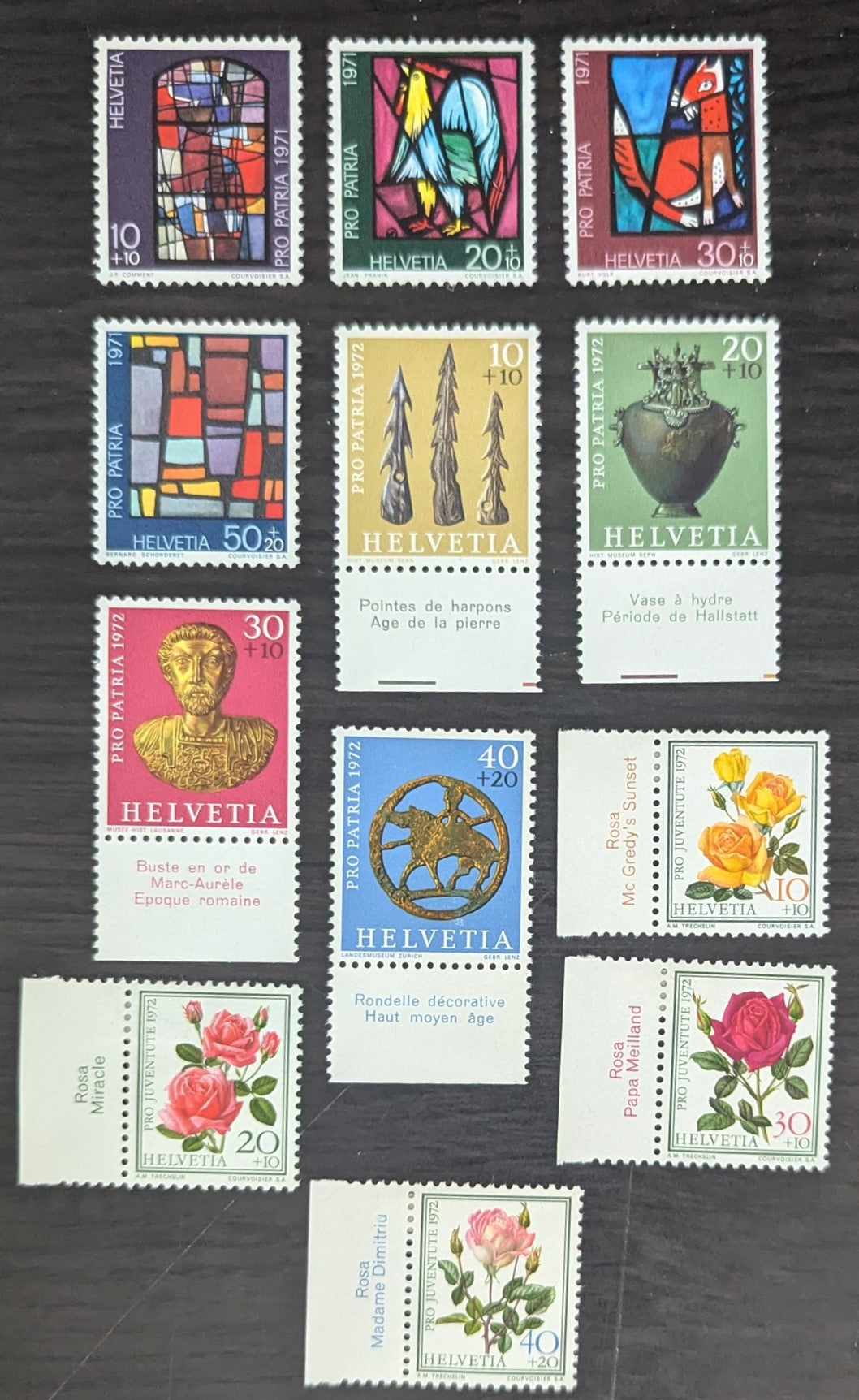 Lot 231 Switzerland SC#B398/B413 1971-1972 Contemporary Stained Glass Windows - Famous Roses Issues, 12 VFOG Singles, Click on Listing to See ALL Pictures, 2017 Scott Cat. $7.25