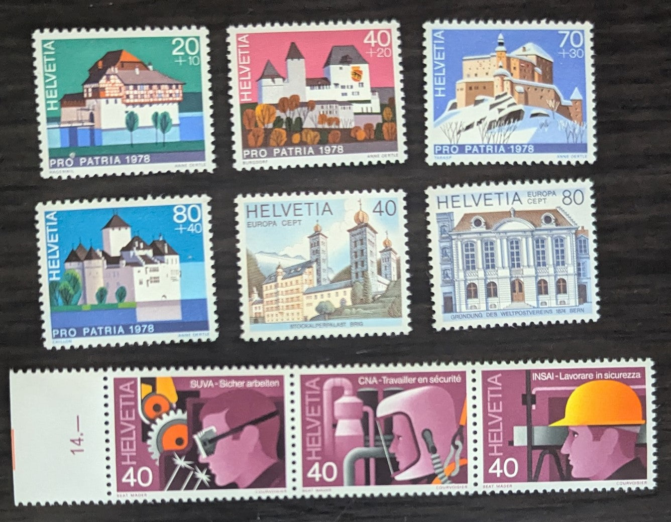 Lot 244 Switzerland SC#657/B458 1978 Europa - Castle Issues, 7 VFOG Singles & Strip of 3, Click on Listing to See ALL Pictures, 2017 Scott Cat. $10.5