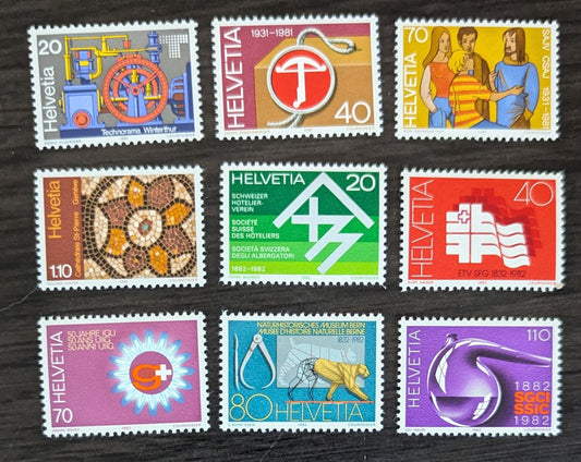 Lot 252 Switzerland SC#704/714 1981-1982 Technorama Industrial Fair - Society of Chemical Industries Centenary Issues, 9 VFOG/NH Singles, Click on Listing to See ALL Pictures, 2017 Scott Cat. $12.9