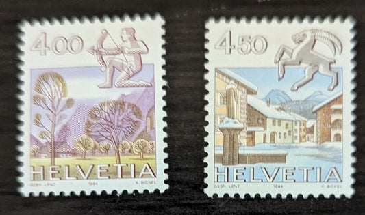 Lot 257 Switzerland SC#728-728A 1982-1986 Signs of the Zodiac & City Views Issue, 2 VFOG Singles, Click on Listing to See ALL Pictures, 2017 Scott Cat. $19.75