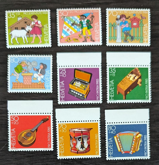 Lot 262 Switzerland SC#B509-B517 1984-1985 Children's Stories - Musical Museum Exhibits Issues, 9 VFOG Singles, 2017 Scott Cat. $11.5