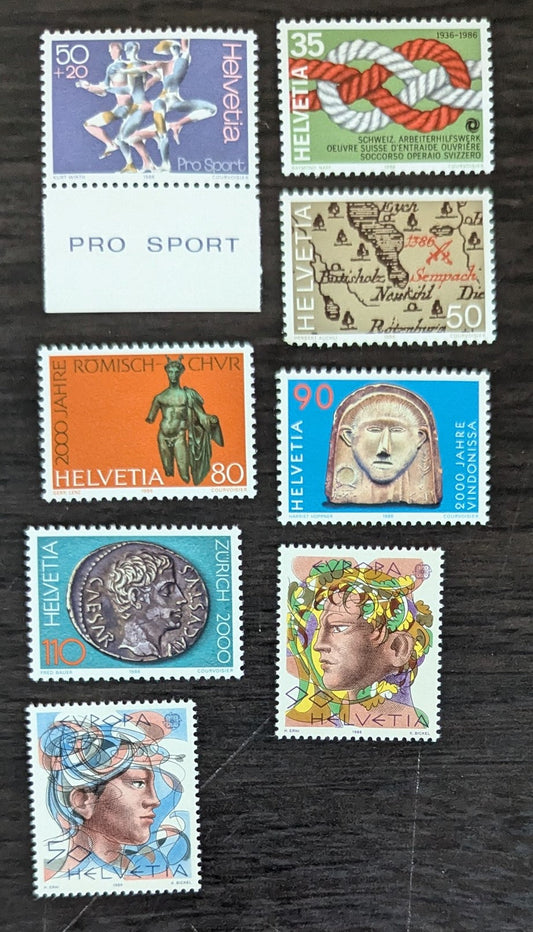 Lot 264 Switzerland SC#722/B522 1986 Swiss Worker's relief Org, 50th Anniv - Nat'l Sports Federation & Cultural Programs Issues, 8 VFOG Singles, Click on Listing to See ALL Pictures, 2017 Scott Cat. $12.85