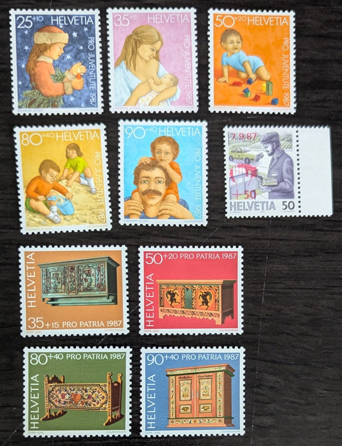 Lot 268 Switzerland SC#B531-B540 1987 Antique Furniture - Christmas Issues, 10 VFOG Singles, Click on Listing to See ALL Pictures, 2017 Scott Cat. $13.75