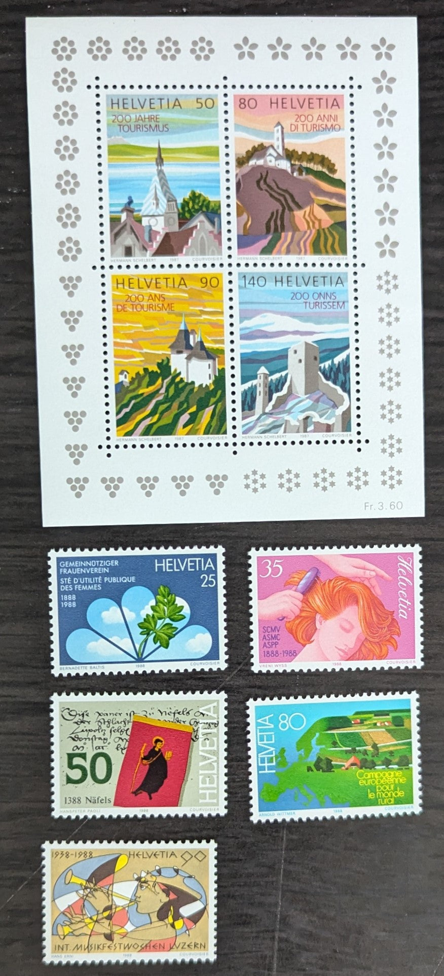 Lot 269 Switzerland SC#816a-821 1987-1988 Tourism Industry, Bicentenary - Int'l Music Festival, Lucerne, 50th Anniv Issues, 6 VFOG/NH Singles & Souvenir Sheet Of 4, Click on Listing to See ALL Pictures, 2017 Scott Cat. $16.3