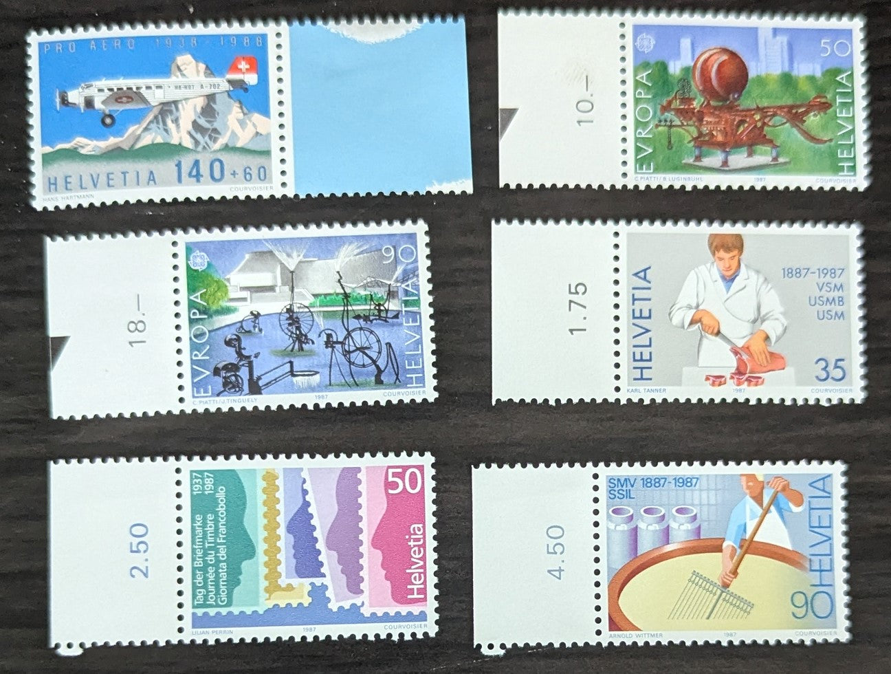 Lot 270 Switzerland SC#808/B541 1987-1988 Europa - Pro Aero Foundation, Zurich, 50th Anniv Issues, 6 VFNH Singles, Click on Listing to See ALL Pictures, 2017 Scott Cat. $10.55