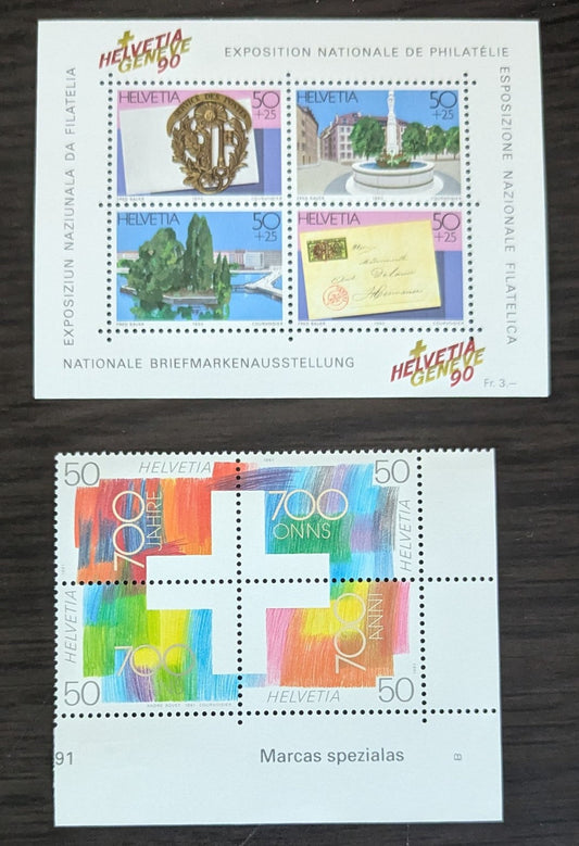 Lot 283 Switzerland SC#887a/B563 1990-1991 Nat'l Philatelic Exhibition, Geneva - Swiss Confederation 700th Anniv Issues, 2 VFNH Souvenir Sheets Of 4, Click on Listing to See ALL Pictures, 2017 Scott Cat. $10.25