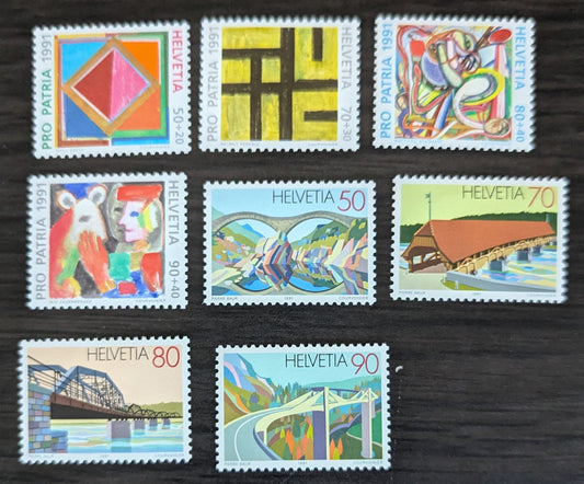 Lot 285 Switzerland SC#896/B571 1991 Bridges - 700 Years of Art & Culture Issues, 8 VFOG Singles, Click on Listing to See ALL Pictures, 2017 Scott Cat. $13.5