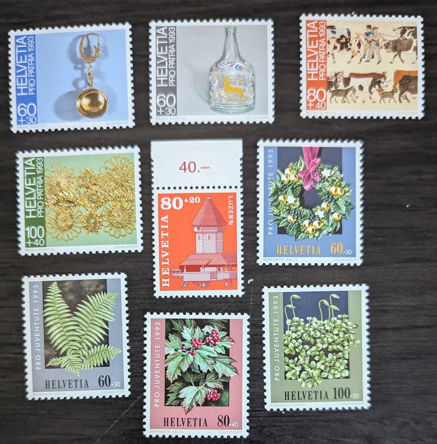 Lot 292 Switzerland SC#B586-B594 1993 Swiss Folk Art - Woodland Plants Issues, 9 VFNH Singles, Click on Listing to See ALL Pictures, 2017 Scott Cat. $15.8