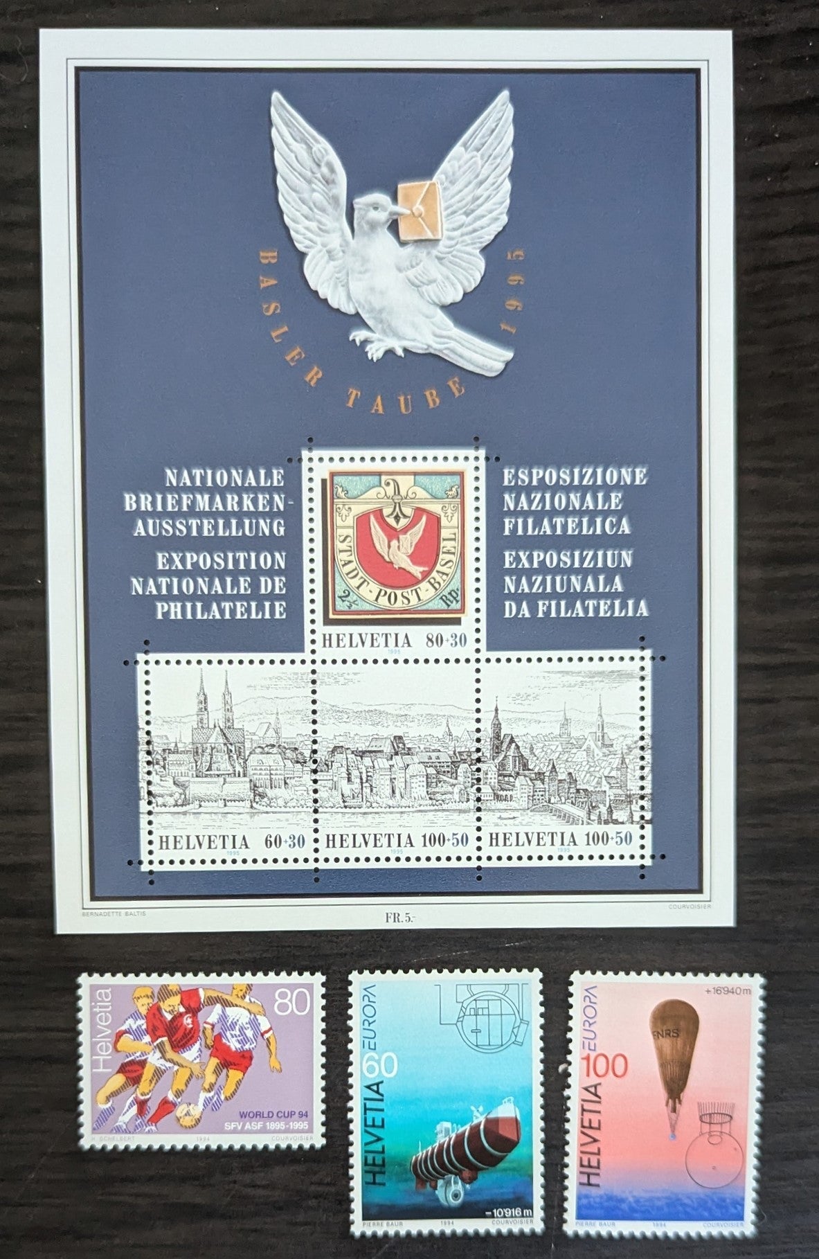 Lot 294 Switzerland SC#945/B607 1994-1995 World Cup Championships - Basier Taube '95 Philatelic Exhibition Issues, 4 VFNH Singles & Sheet Of4, Click on Listing to See ALL Pictures, 2017 Scott Cat. $13.55