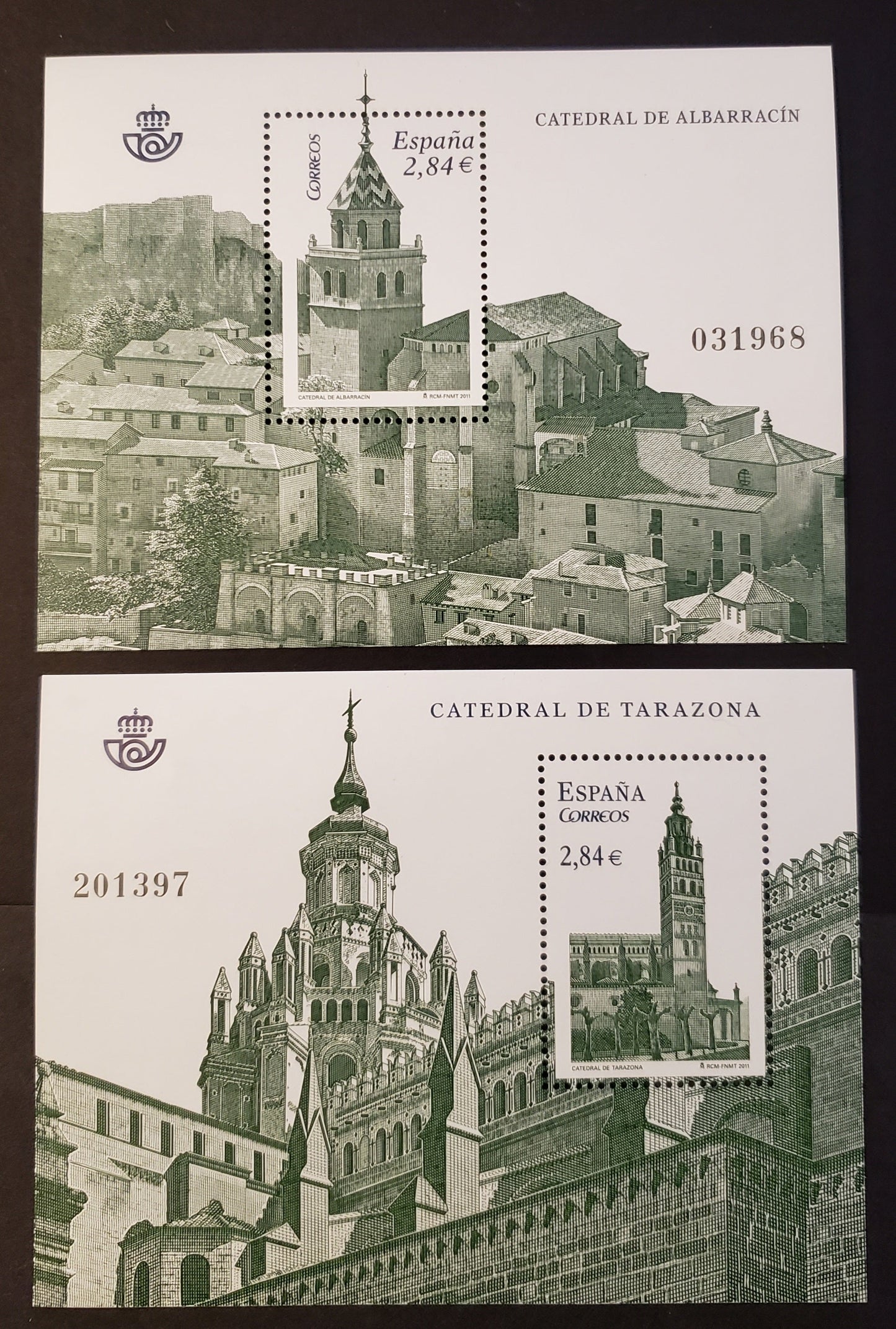 Lot 33 Spain SC#3798/3817 2011 Albarracin Cathedral /Tarazona Cathedral Issues, 2 VFNH Souvenir Sheets, Click on Listing to See ALL Pictures, 2017 Scott Cat. $16