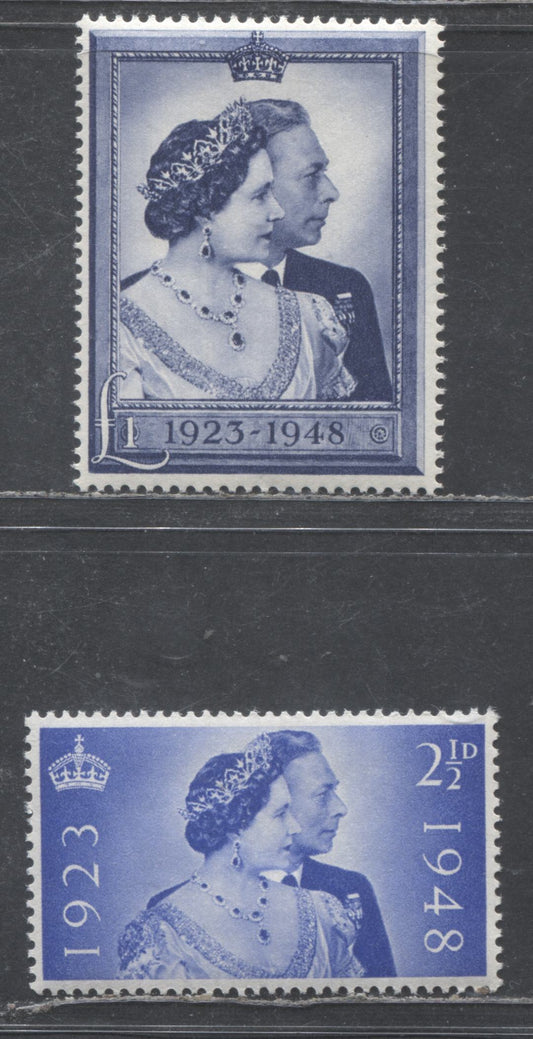 Lot 490 Great Britain #267-268 2.5d & 1  Pound Ultramarine & Grey Blue King George VI & Queen Elizabeth, 1948 Silver Wedding Issue, 2 VFNH Singles