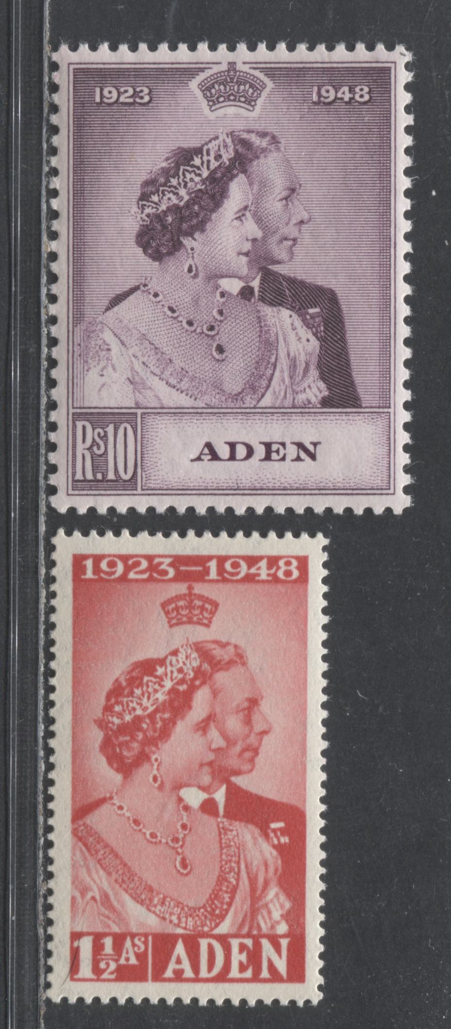 Lot 491 Aden #30-31 1.5a & 10R Scarlet & Plum King George VI & Queen Elizabeth, 1948 Silver Wedding Issue, 2 VFNH Singles