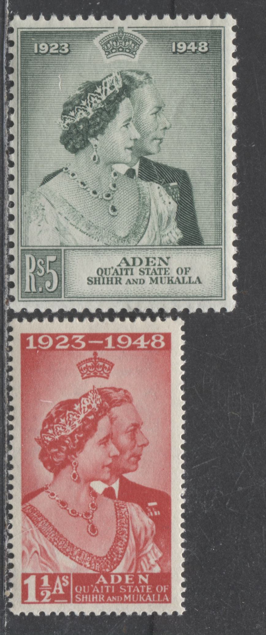 Lot 493 Aden - Qu'aiti State Of Shihr And Mukalla #14-15 1.5a & 5R Scarlet & Green King George VI & Queen Elizabeth, 1948 Silver Wedding Issue, 2 Fine & VFNH Singles