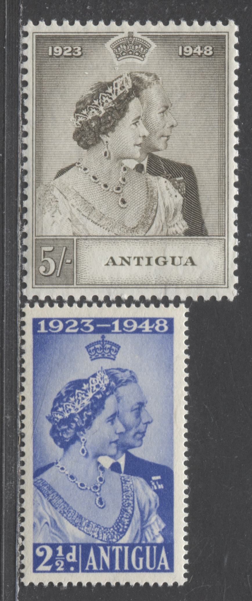 Lot 493A Antigua #98-99 2.5d & 5/- Ultramarine & Brownish Olive King George VI & Queen Elizabeth, 1948 Silver Wedding Issue, 2 VFNH Singles