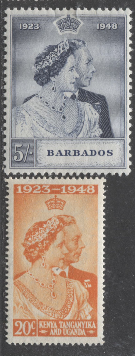 Lot 497A Barbados #210-211 1.5d & 5/-  Orange & Slate Blue King George VI & Queen Elizabeth, 1948 Silver Wedding Issue, 2 VFOG Singles