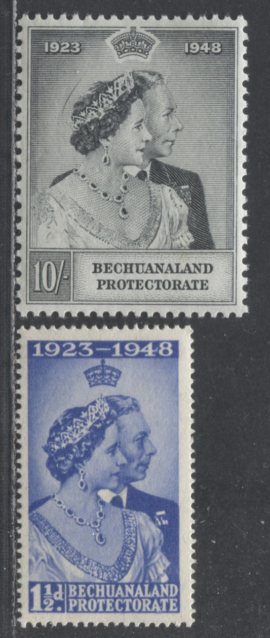 Lot 499 Bechanaland Protectorate #147-148 1.5d & 10/- Ultramarine & Slate King George VI & Queen Elizabeth, 1948 Silver Wedding Issue, 2 Fine & VFNH Singles