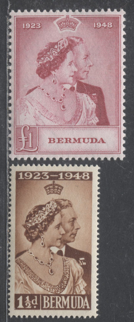 Lot 500 Bermuda #133-134 1.5d & 1 Pound Brown & Cerise King George VI & Queen Elizabeth, 1948 Silver Wedding Issue, 2 VFNH Singles