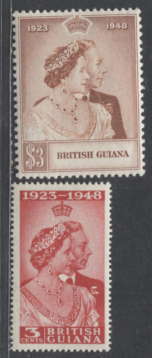 Lot 501 British Guiana #244-245 3c & $3 Scarlet & Orange Brown King George VI & Queen Elizabeth, 1948 Silver Wedding Issue, 2 Fine & VFNH Singles