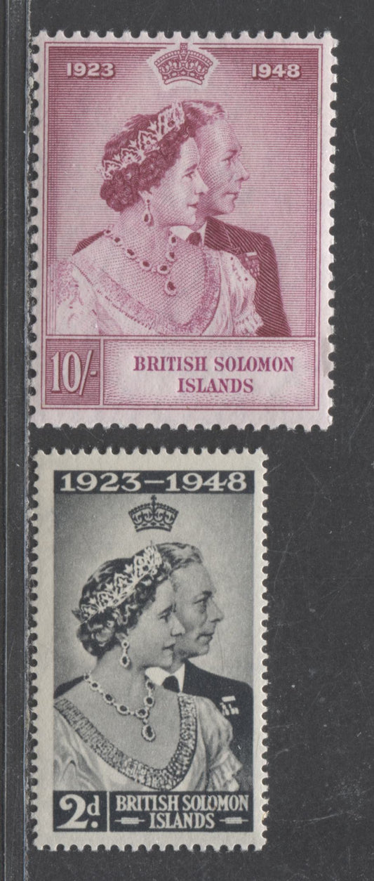 Lot 504 British Solomon Islands #82-83 2d & 10/- Grey Black & Magenta King George VI & Queen Elizabeth, 1948 Silver Wedding Issue, 2 Fine NH Singles