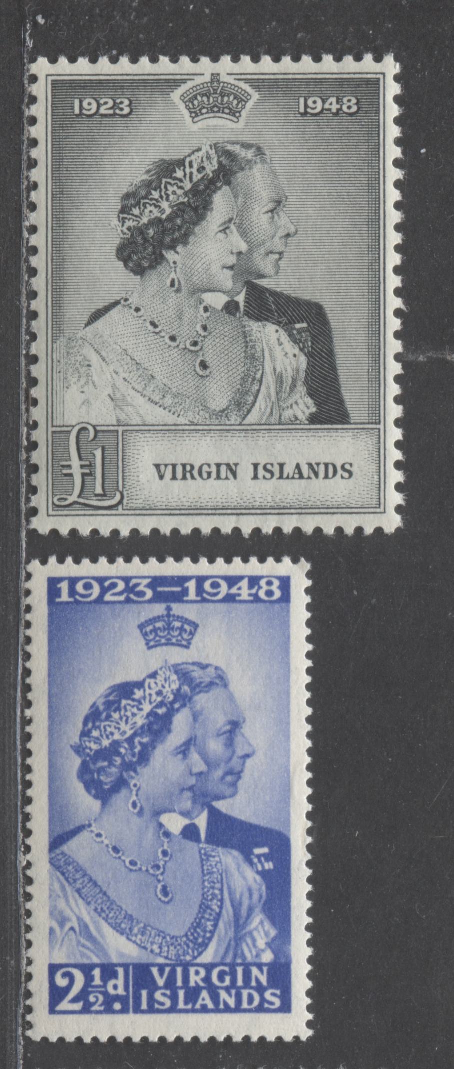 Lot 505 British Virgin Islands #90-91 2.5d & 1 Pound Ultramarine & Slate King George VI & Queen Elizabeth, 1948 Silver Wedding Issue, 2 VFNH Singles