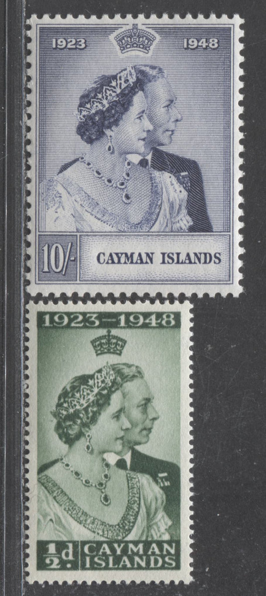 Lot 506 Cayman Islands #116-117 1/2d & 10/- Dark Green & Violet Blue King George VI & Queen Elizabeth, 1948 Silver Wedding Issue, 2 VFNH Singles