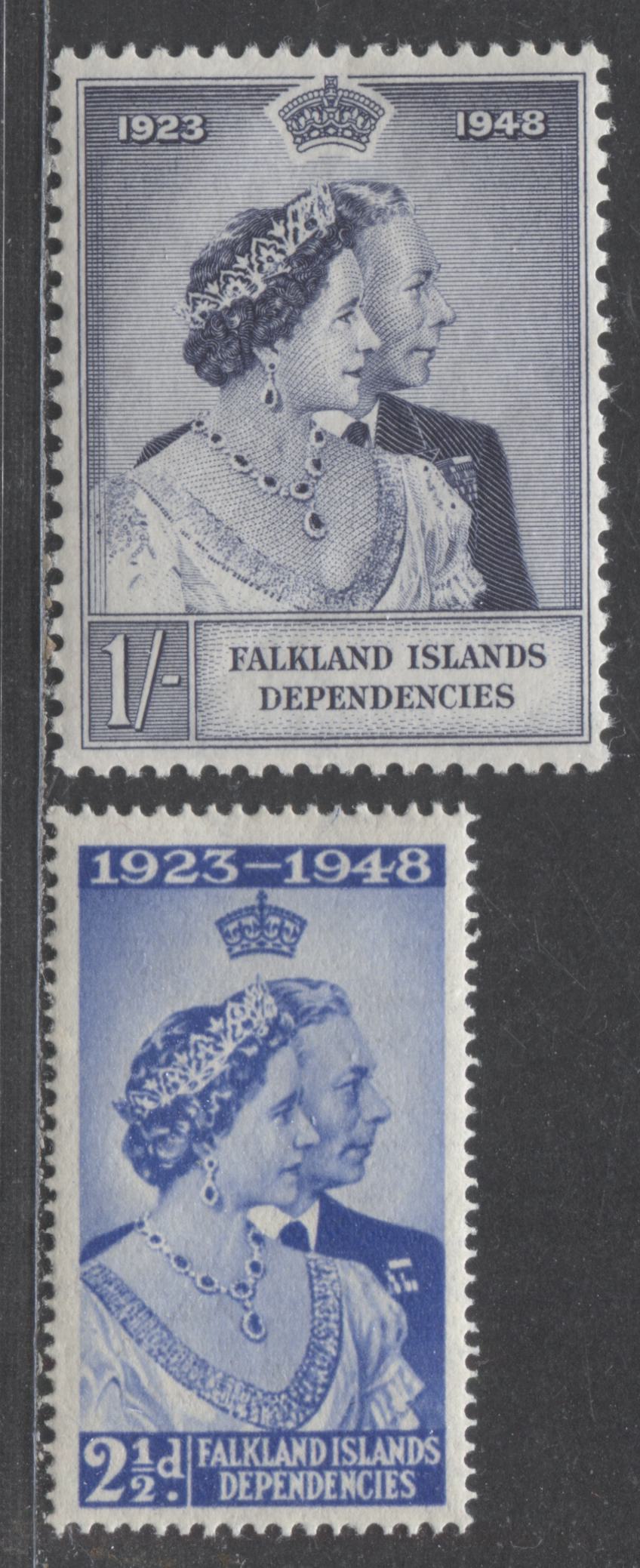 Lot 510A Falkland Islands Dependencies #1L11-1L12 2.5d & 1/-  Ultramarine & Violet Blue King George VI & Queen Elizabeth, 1948 Silver Wedding Issue, 2 VFOG Singles