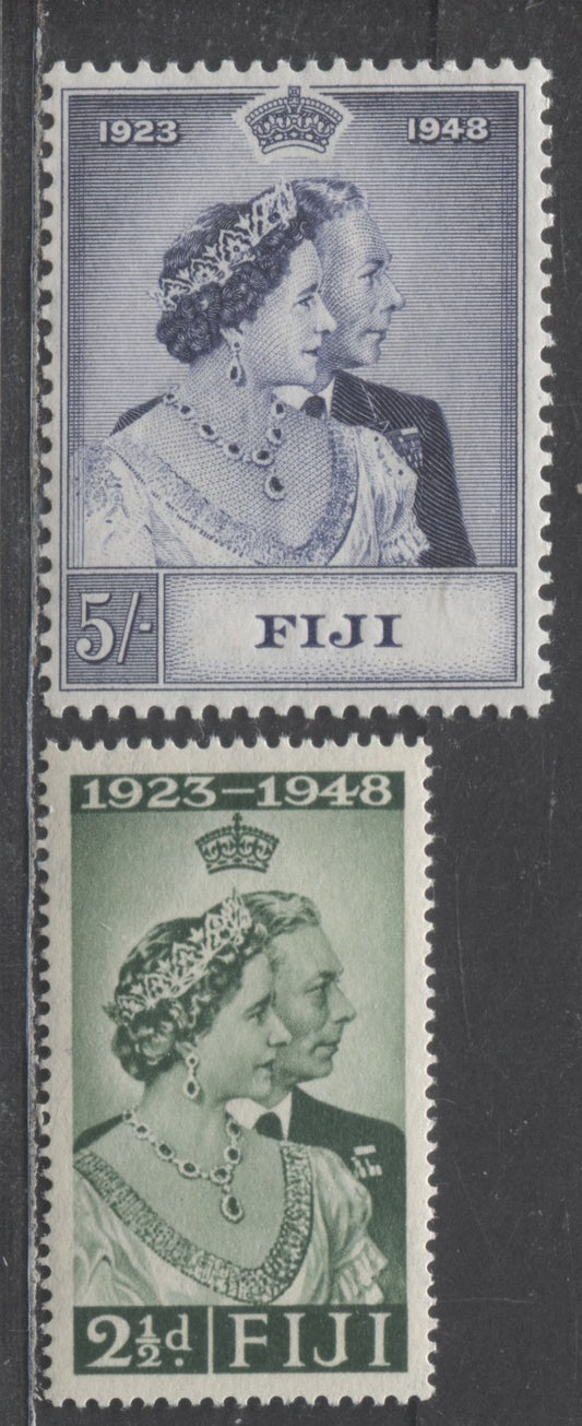 Lot 511 Fiji #139-140 2.5d & 5/- Dark Green & Violet Blue King George VI & Queen Elizabeth, 1948 Silver Wedding Issue, 2 VFNH Singles