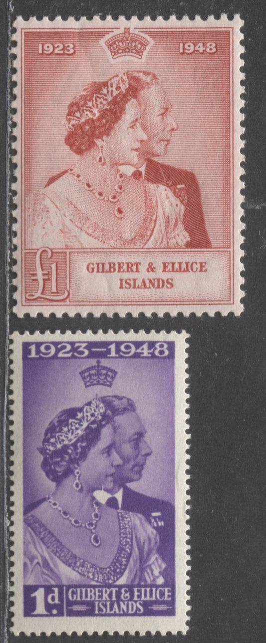 Lot 514 Gilbert & Ellice Islands #54-55 1d & 1 Pound Violet & Scarlet King George VI & Queen Elizabeth, 1948 Silver Wedding Issue, 2 VFNH Singles