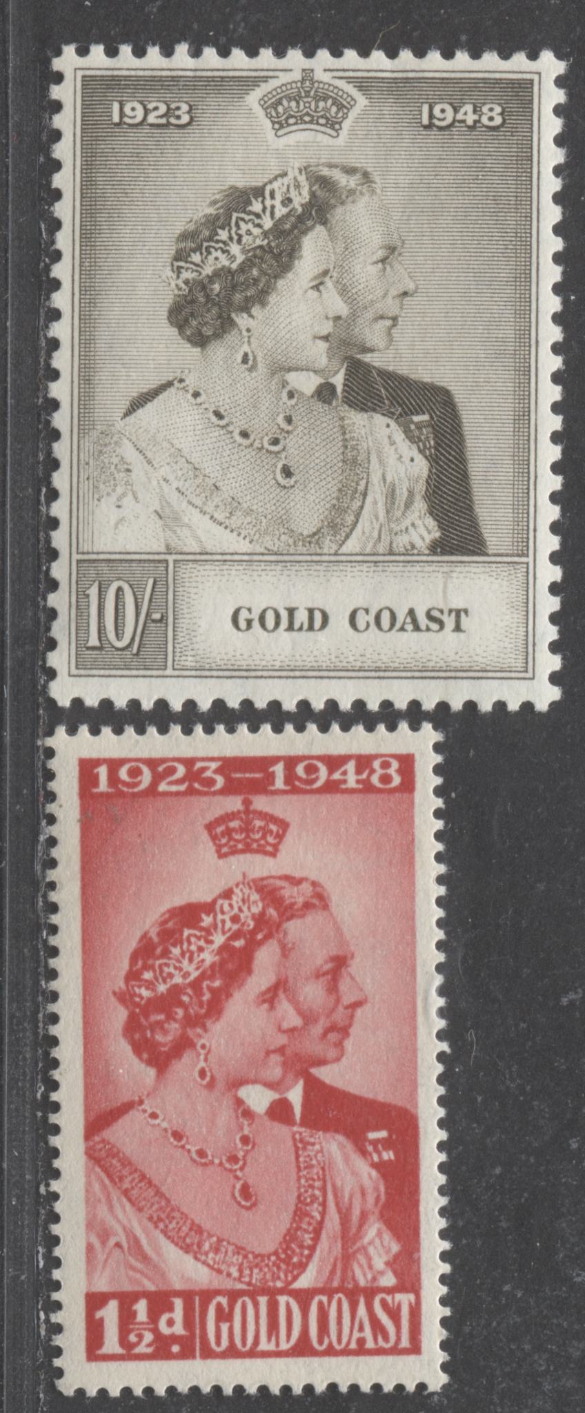 Lot 515A Gold Coast #142-143 1.5d & 10/- Scarlet & Greyish Olive King George VI & Queen Elizabeth, 1948 Silver Wedding Issue, 2 VFOG Singles