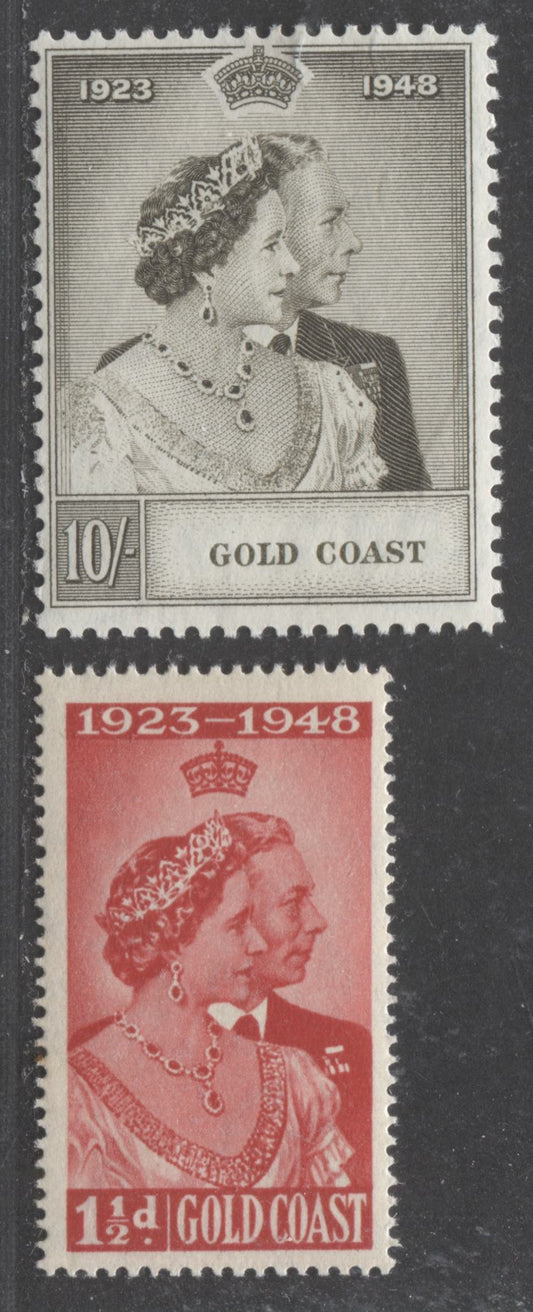 Lot 515B Gold Coast #142-143 1.5d & 10/- Scarlet & Greyish Olive King George VI & Queen Elizabeth, 1948 Silver Wedding Issue, 2 Fine & VFNH Singles