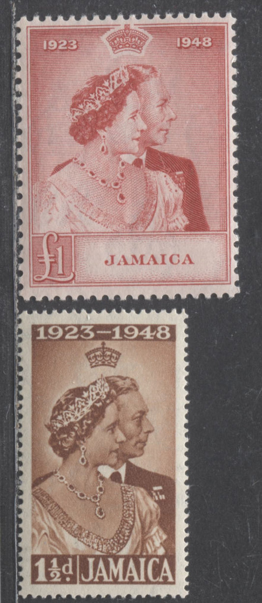 Lot 518 Jamaica #138-139 1.5d & 1 Pound Brown & Scarlet King George VI & Queen Elizabeth, 1948 Silver Wedding Issue, 2 Fine & VFNH Singles