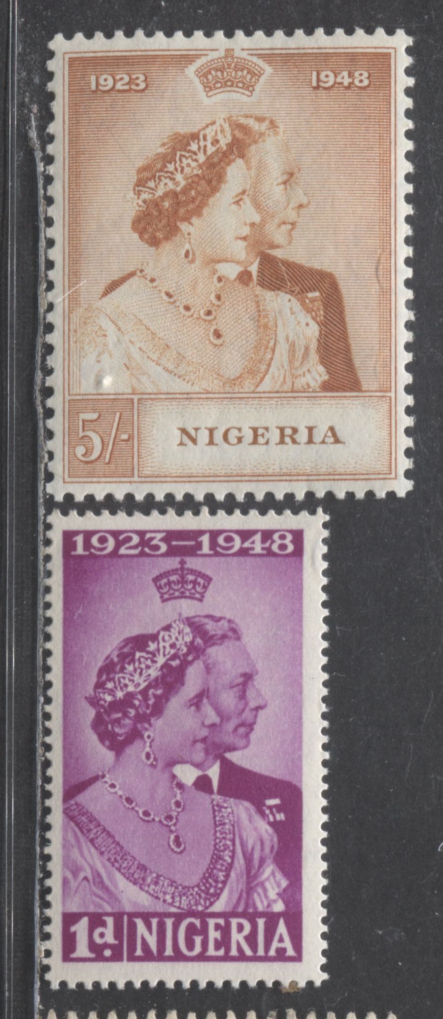 Lot 539 Nigeria #73-74 1d & 5/- Bright Magenta & Brownish Orange King George VI & Queen Elizabeth, 1948 Silver Wedding Issue, 2 Fine & VFNH Singles