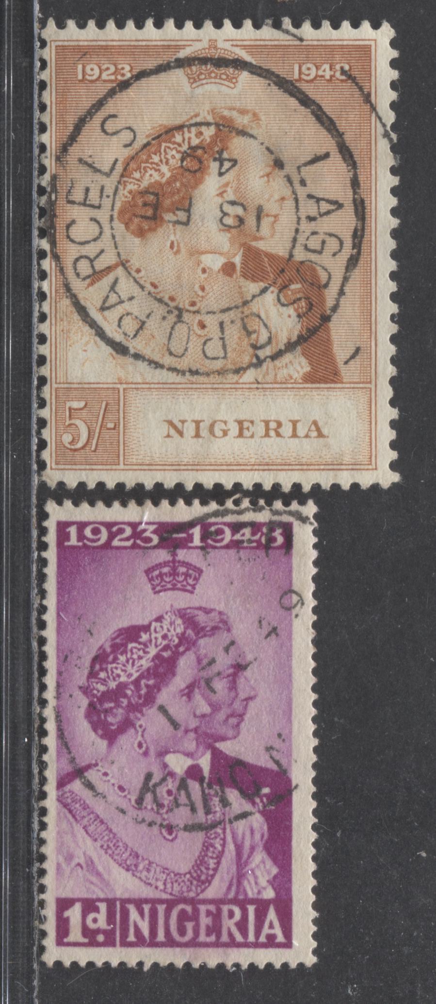 Lot 539A Nigeria #73-74 1d & 5/- Bright Magenta & Brownish Orange King George VI & Queen Elizabeth, 1948 Silver Wedding Issue, 2 Fine Used Singles