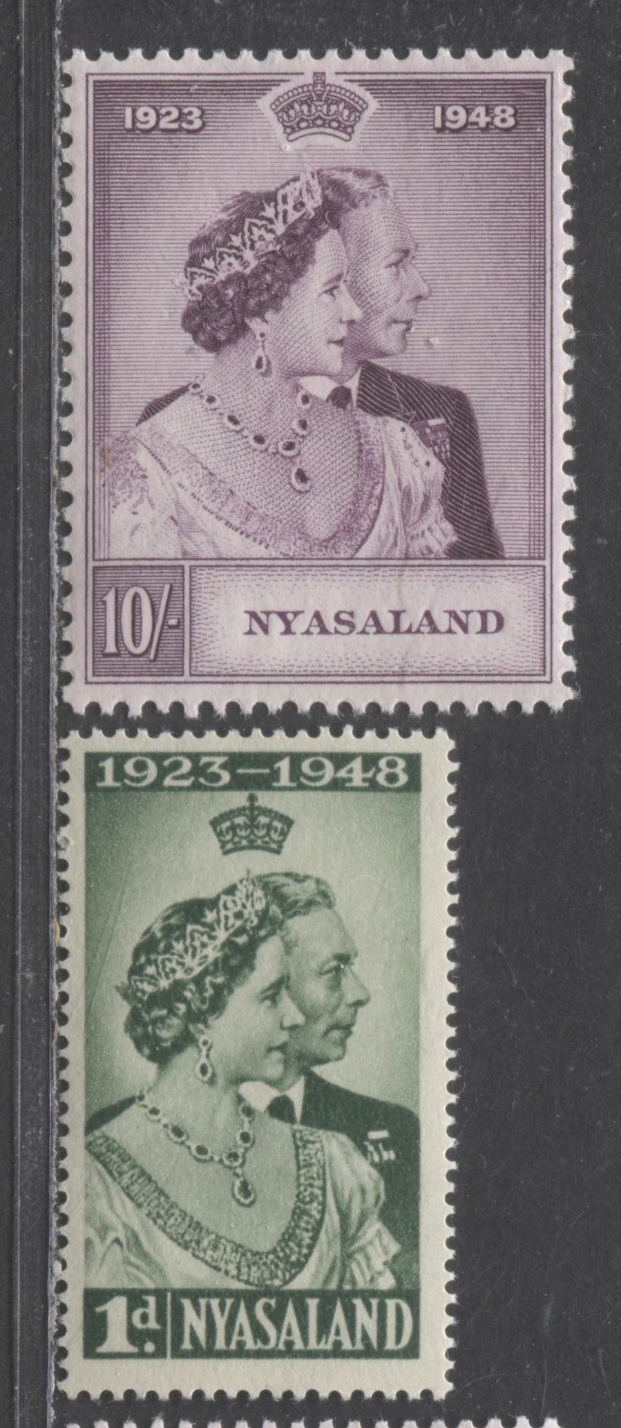 Lot 542 Nyasaland #85-86 1d & 10/- Dark Green & Slate Purple King George VI & Queen Elizabeth, 1948 Silver Wedding Issue, 2 Fine & VFNH Singles